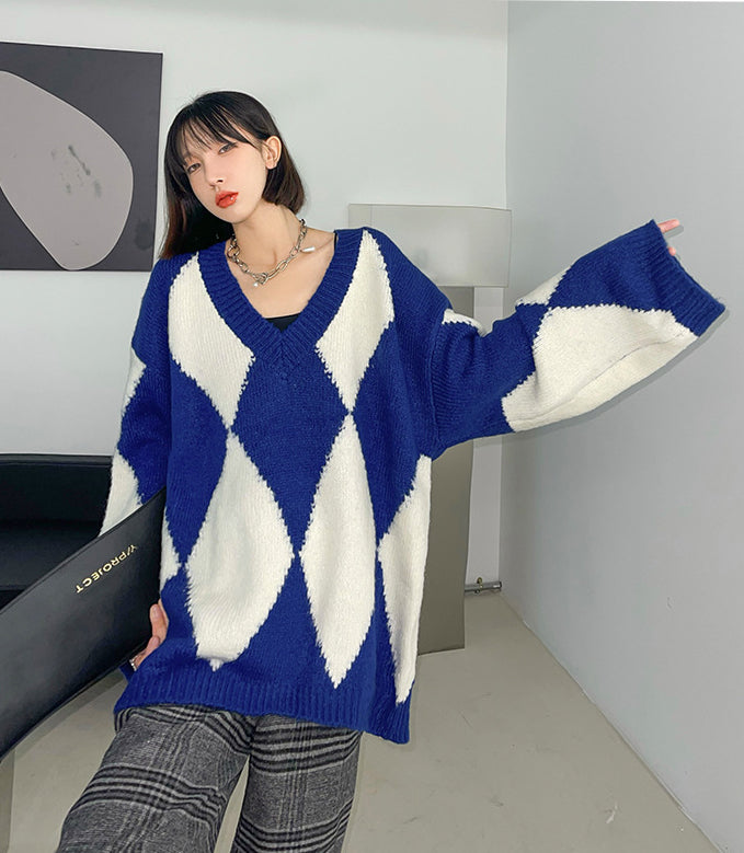 Diamond V-Neck Knitted Long Sleeve Loose Casual Sweater