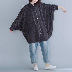 Women Loose Bat Sleeve Striped Shirt