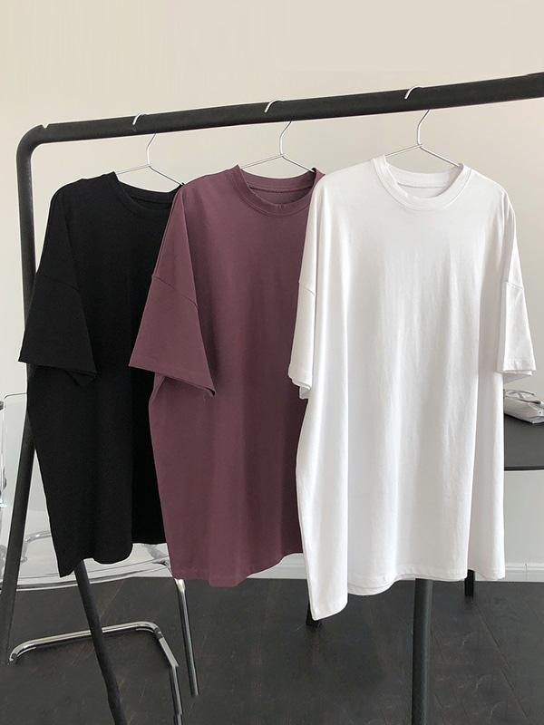 Solid Color Casual Loose Round Neck T-Shirt