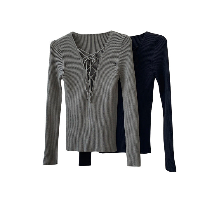 Cross Lacing V-Neck Knitted Long Sleeves T-Shirt