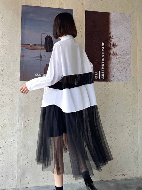 Japanese Fashion Splicing Mesh Long Sleeve Dress