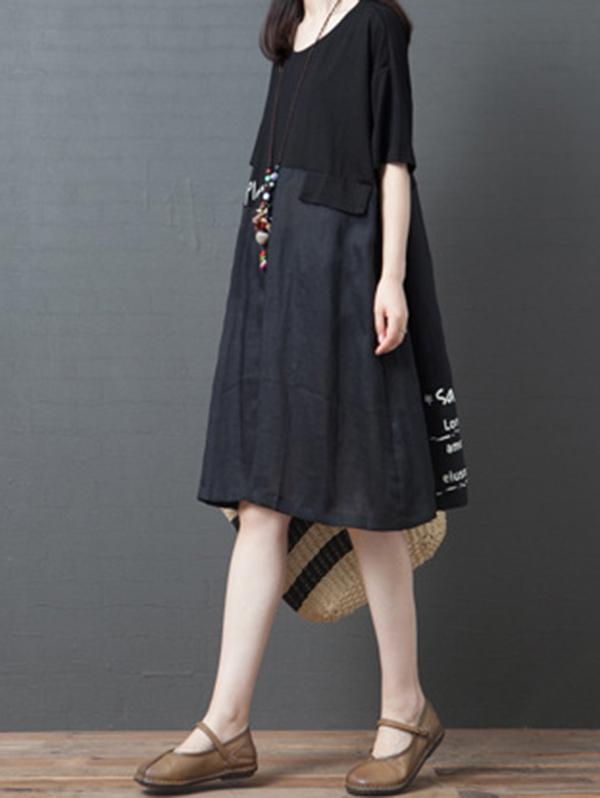 Loose Print Splicing Round-Neck Dress