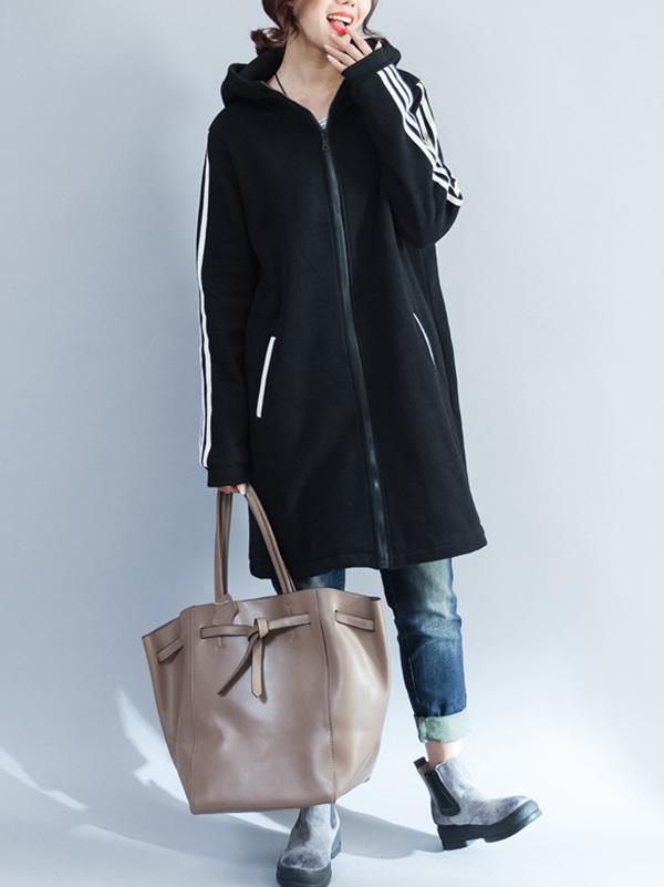 Loose Zipper Stripes Hoodie Long Coat