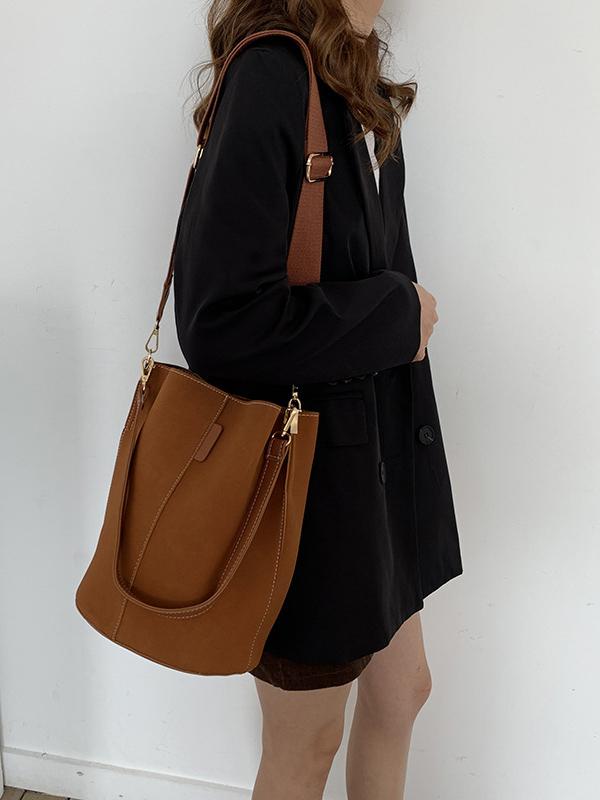 Solid Color Casual Wide Shoulder Straps Frosted Bucket Bag