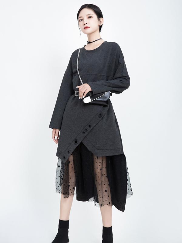 Polka-dot Gauze Split-joint Cropped Midi Dress