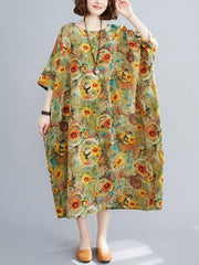 Artistic Retro Floral Round-Neck Dress