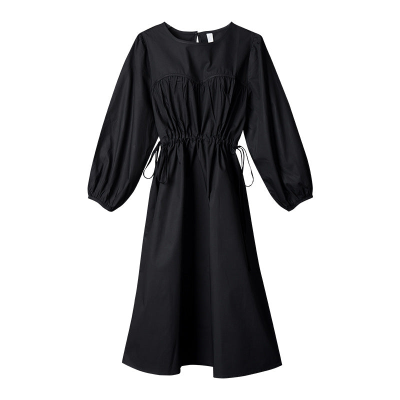 Women Drawstring Round Neck Long Sleeve Dress