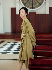 V-Neck Lapel Solid Long Sleeves Midi Dress