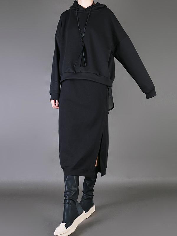 Split-Back Chiffon Black False-Two Hoodie