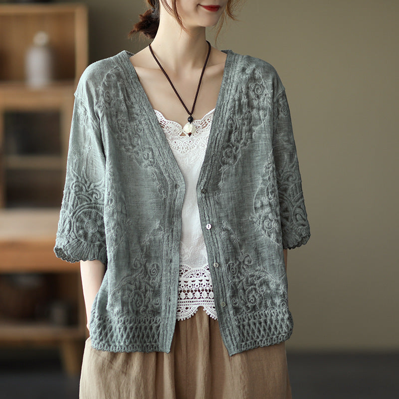 Fresh Literary Embroidery Cardigan V-Neck Loose Top