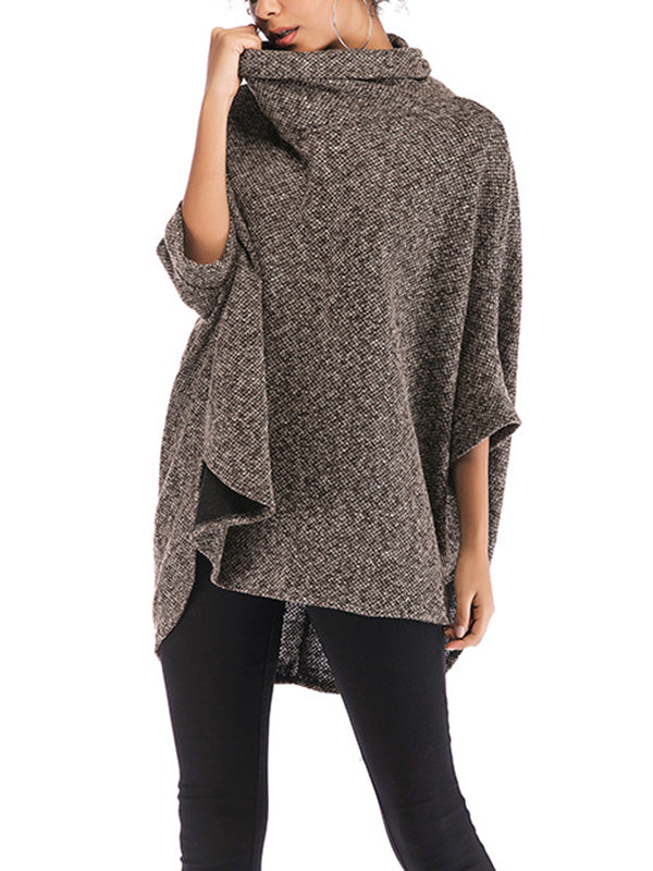 Batwing Sleeves High-Low Solid Color High Neck Knitwear Pullovers Sweater Tops