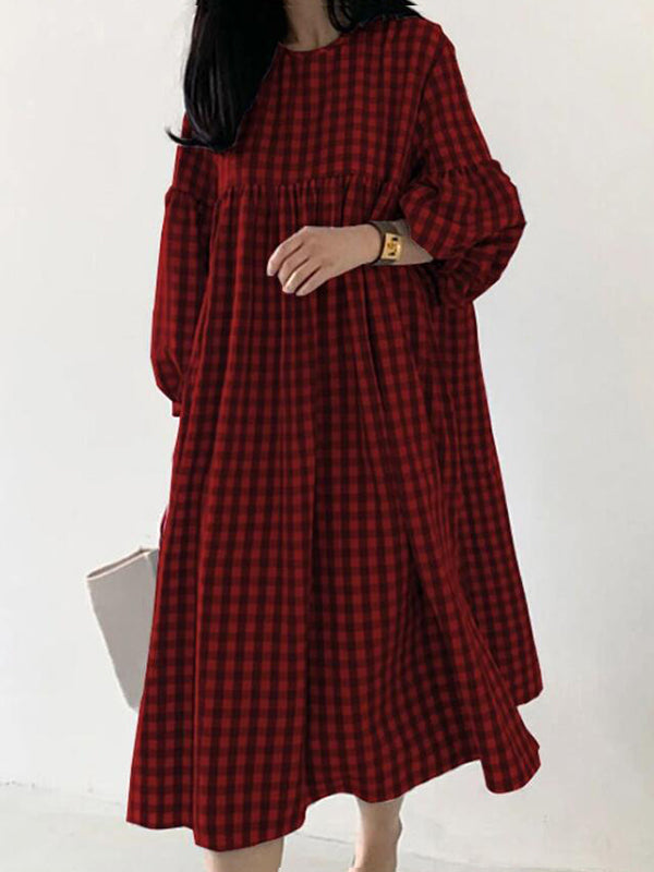 Casual Plaid Loose Long Sleeve Midi Dress