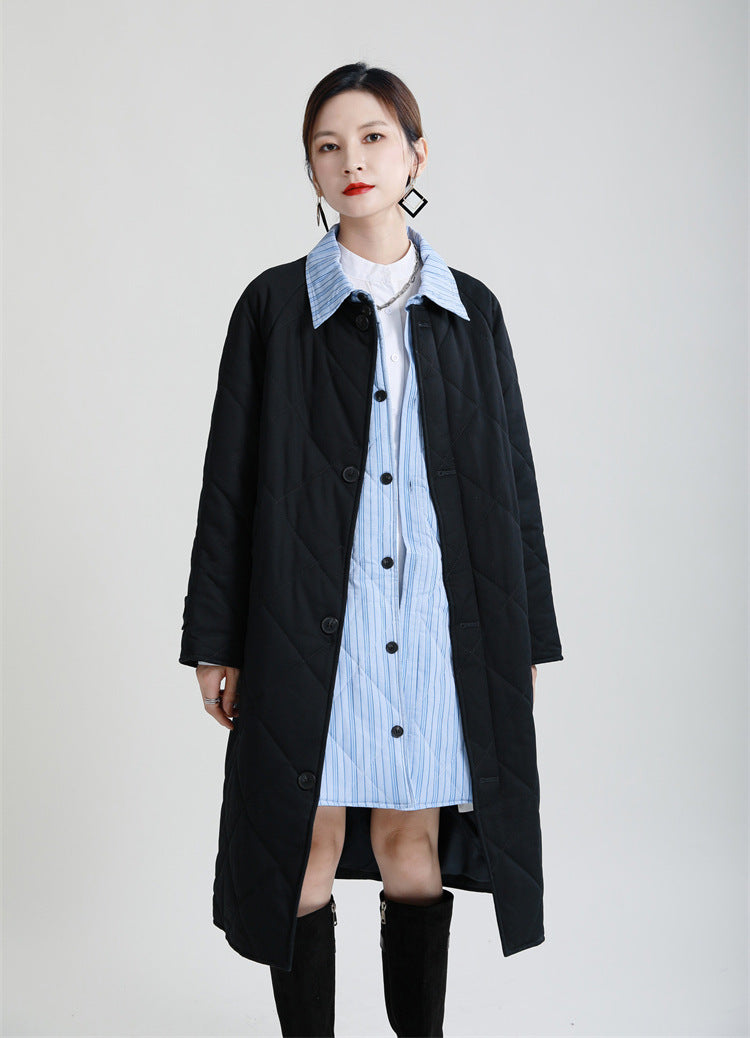 Retro Splicing Lapel Collar Midi Cotton Outwear