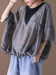 Artistic Striped Split-Joint V-Neck Tops