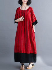 Loose Striped Split-Joint Cotton Dress