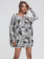Stylish Letter Stamped Batwing Sleeves Round-Neck Pullover