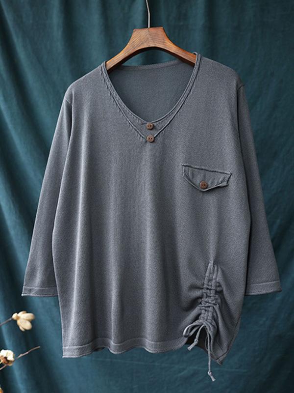 Loose Solid Color V-Neck Long Sleeve T-Shirt