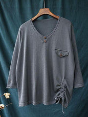 Loose Solid Color V-Neck Long Sleeve T-Shirt