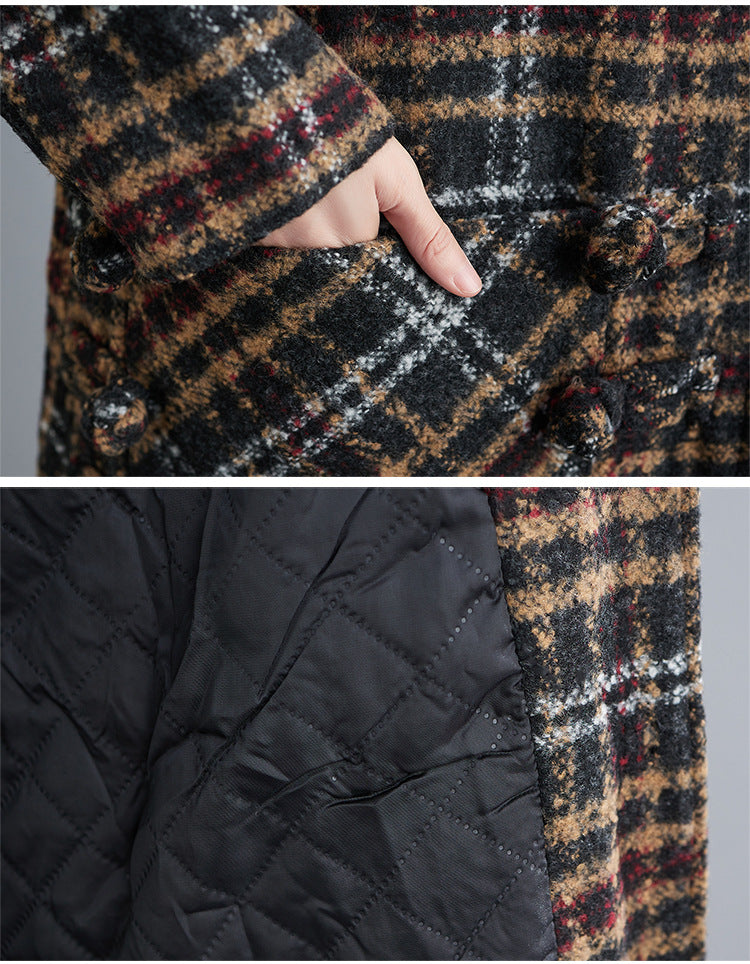Coil Button Hooded Plaid Coat