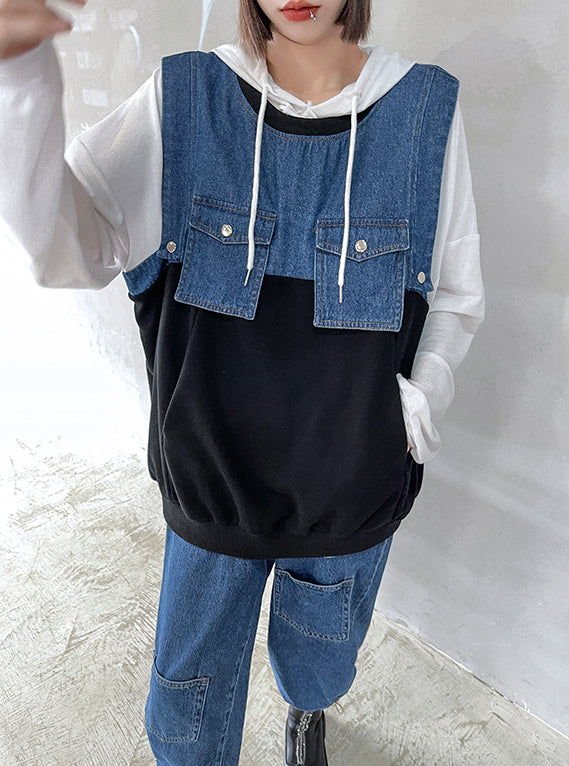 Denim Suits Loose Stitching Vest With Casual Pants
