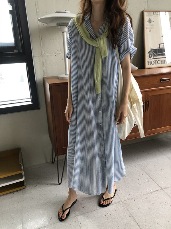 Retro Lapel Striped Shirt Loose Dress