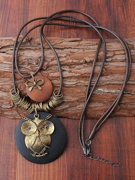 National Owl Alloy Wood Vintage Necklace