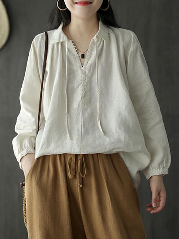 Loose Solid Color Lace-Up Multi-Button Shirt