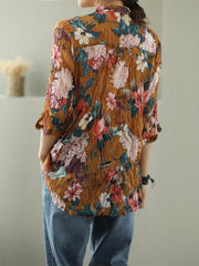 Vintage Floral Three-Quarter Sleeve Stand Collar Shirt