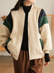 Retro Pleated Contrast Color Zipper Comfortable Sweater Coat