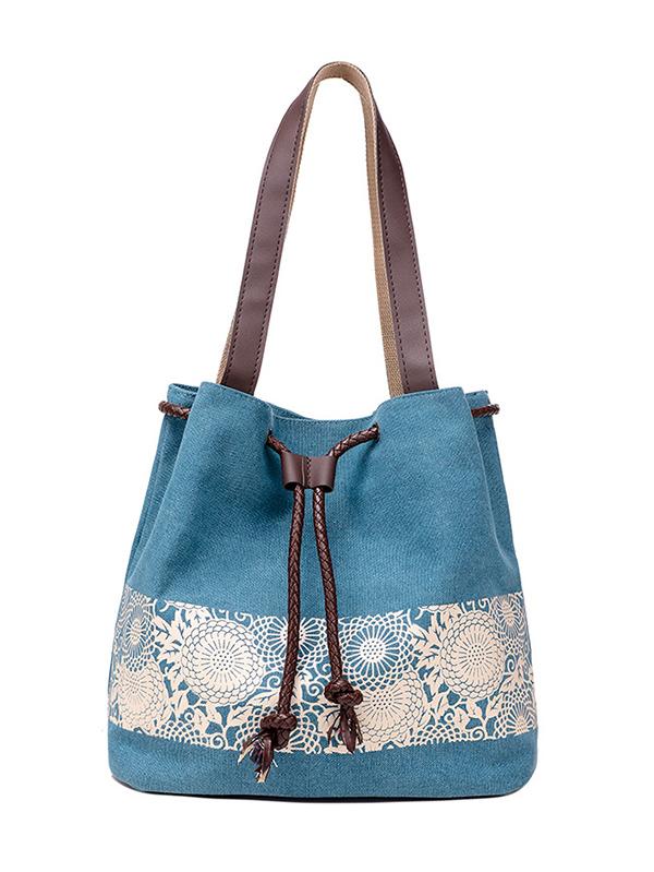 Ethnic Style Printed Canvas Drawstring Bucket Bag