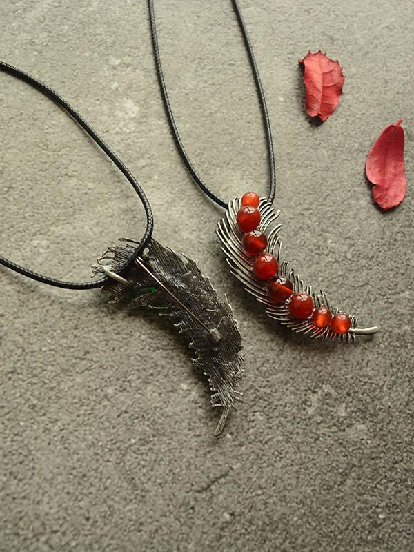 Vintage Ethnic Style Feather Leaves Long Necklace