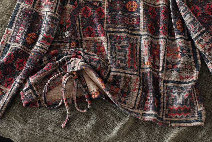 Retro Printed Long Sleeves Drawstring Blouse