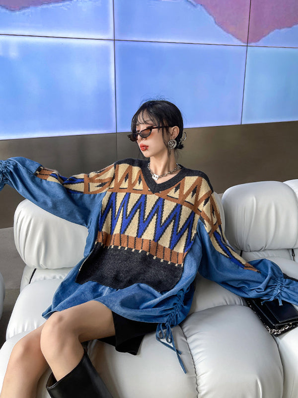 Urban Loose Splicing Denim Sweatshirt