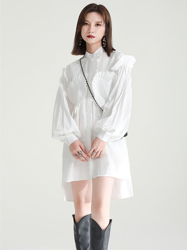 Irregular Pleated Ruffle Heart Balloon Sleeve Mini Shirt Dress
