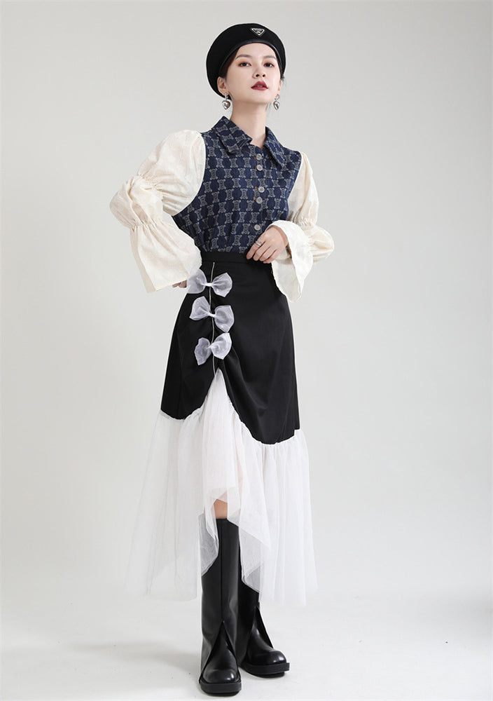 Irregular Skirt With Bow Stitching Mesh