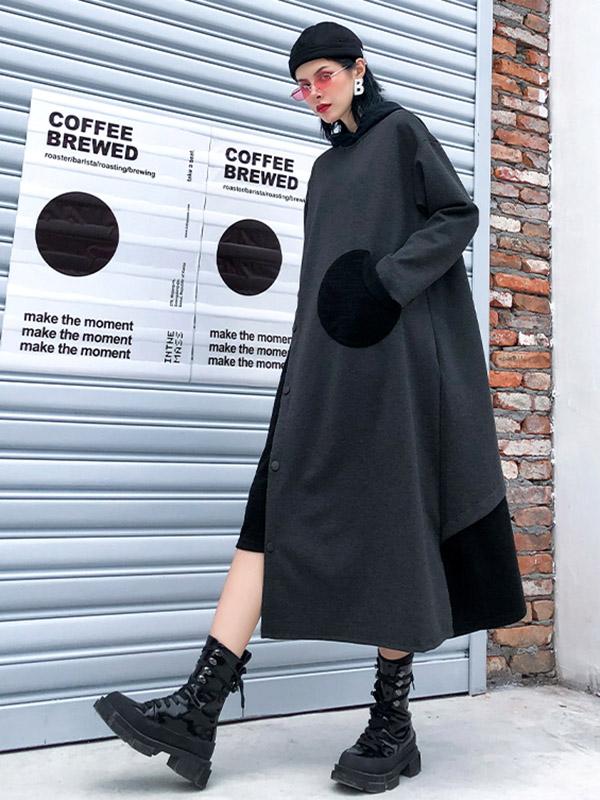 Splicing Color Loose Long Hooded A-Line Dress