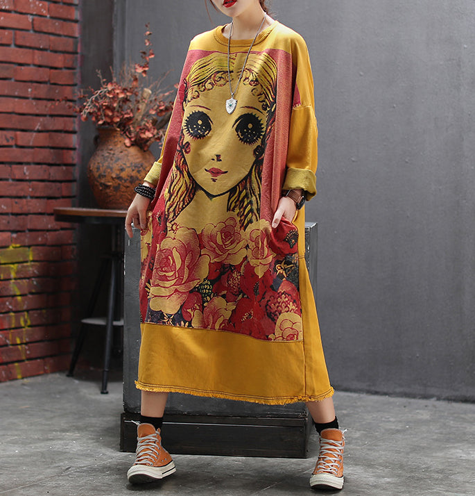 Retro Cartoon Print Round Neck Loose Midi Dress