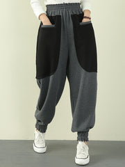 Women Color Block Pocket Brushed Casual Pants