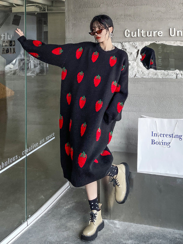 Loose Strawberry Jacquard Knit Midi Dress