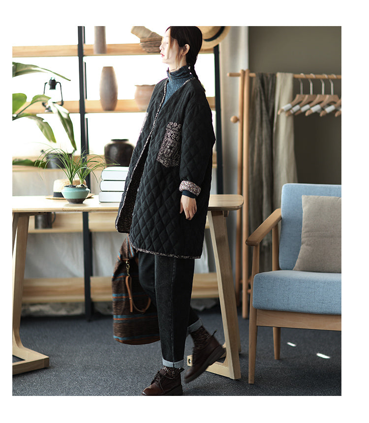 Women Retro Print Padded Coat