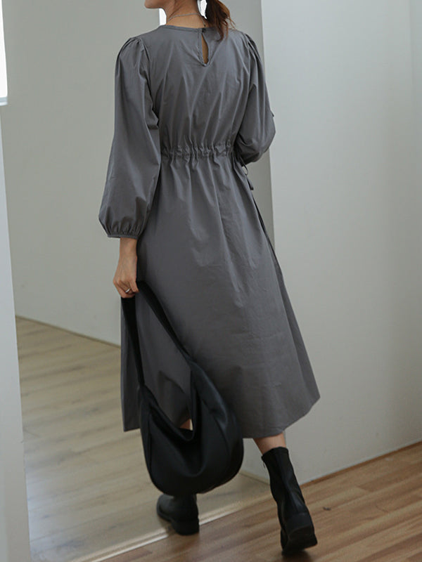 Women Drawstring Round Neck Long Sleeve Dress