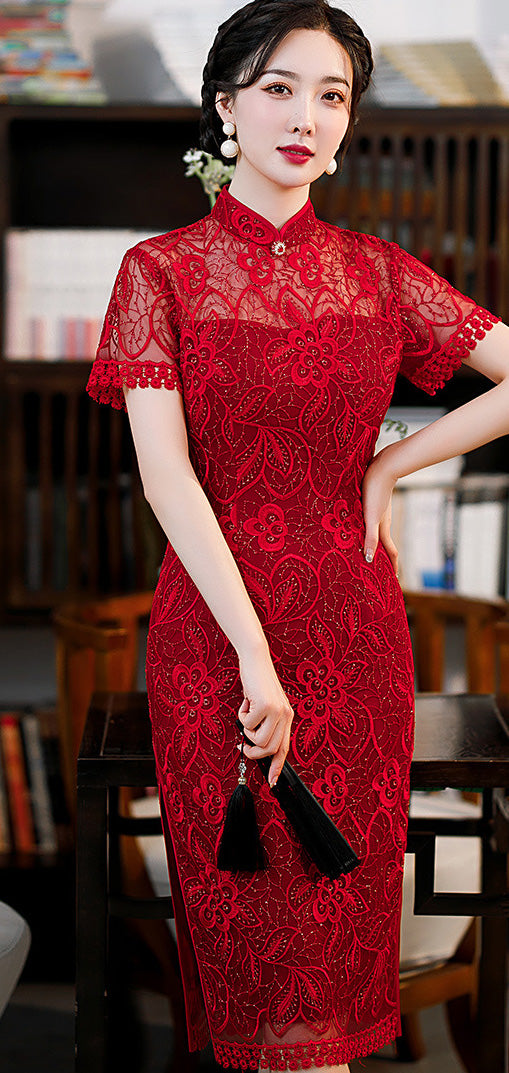 Sequin Hollowed Out Round Lapel Slim Fit Cheongsam With Low Slit Midi Dress