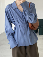 Women Lapel Solid Color Tie Shirt