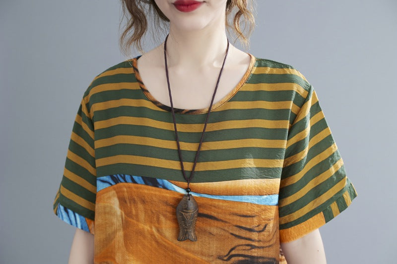 Ethnic Print Loose Round Neck Short Sleeve Dress