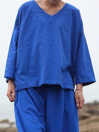 Blue V-neck Loose Comfortable T-shirt Tops