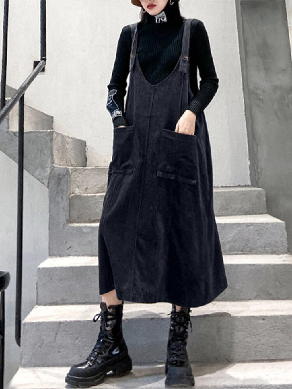 Casual Pure Color Split-Joint Midi Overall Dress