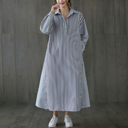 Loose Color Contrast Stripe Stitching Midi  Dress