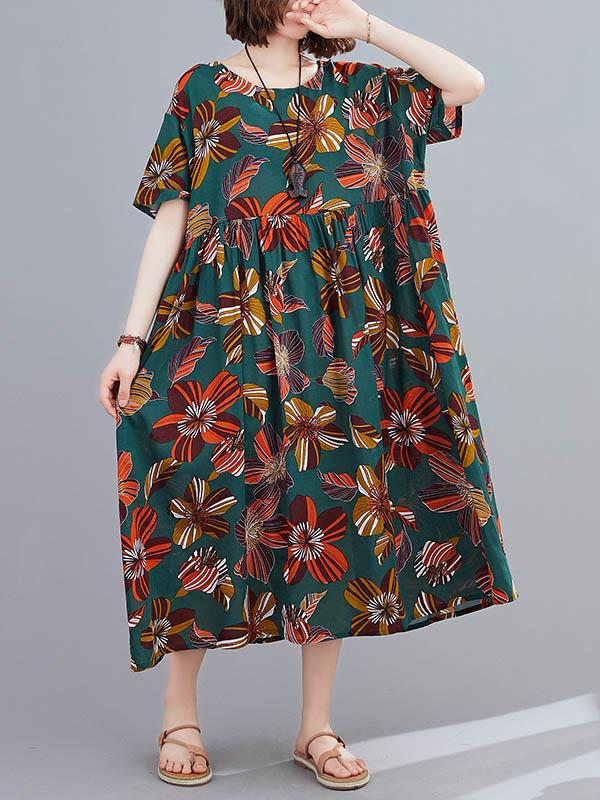 Vintage Floral Round-Neck Short Sleeve Dress