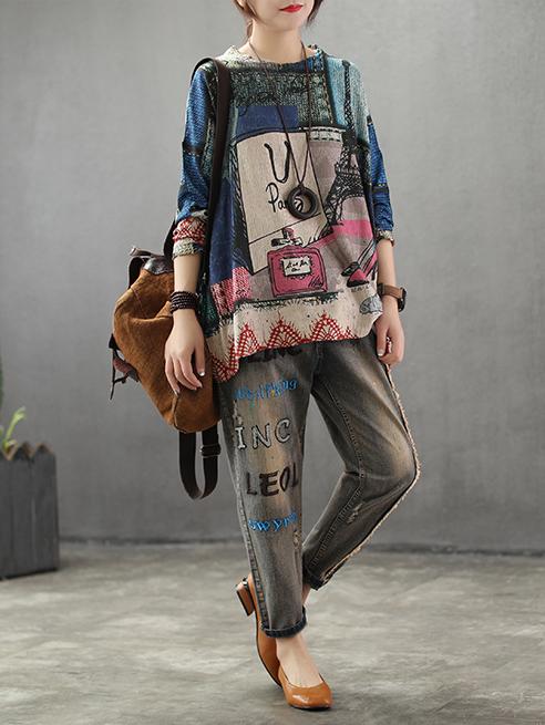 Retro Picture Printed Light Sweater