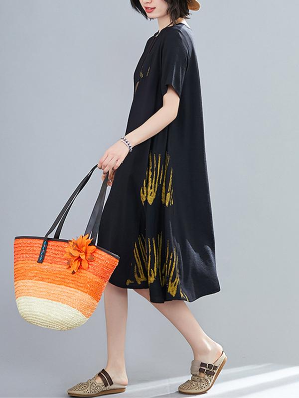 Loose Round Neck Printed Splicing Dress